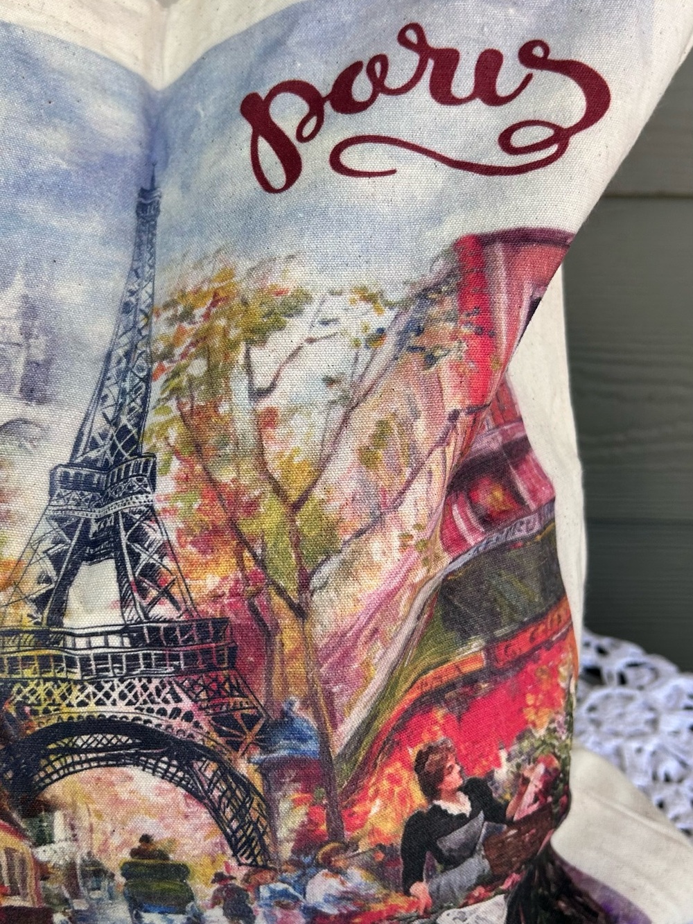 Paris Scene Canvas Tote Bag - Cream with Multicolor Print - Picture 3 of 11